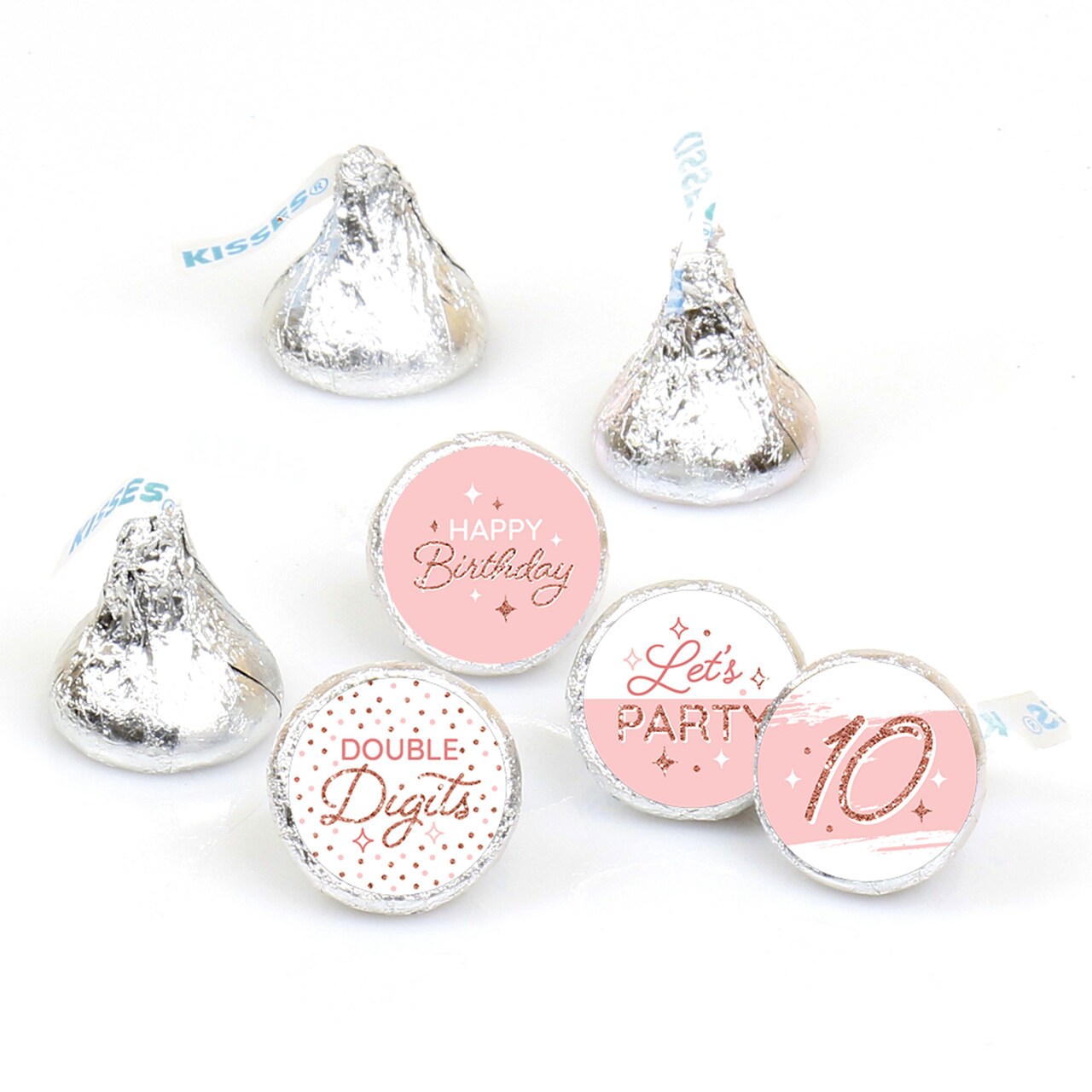 Big Dot of Happiness 10th Pink Rose Gold Birthday - Happy Birthday Party Round Candy Sticker Favors - Labels Fits Chocolate Candy (1 sheet of 108)